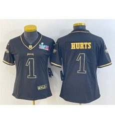 Women Philadelphia Eagles 1 Jalen Hurts Black Golden Edition Super Bowl LVII Patch Stitched Football Jersey