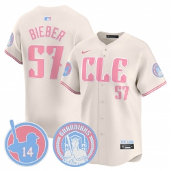 Men Cleveland Guardians 57 Shane Bieber Cream Bubblegum Pink 2025 Vapor Limited Stitched Baseball Jersey