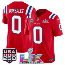 Men New England Patriots 0 Christian Gonzalez Red 2025 F U S E  Super Bowl LX Patch And USA 250 27 Patch Vapor Limited Football Stitched Jersey
