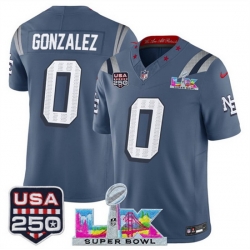 Men New England Patriots 0 Christian Gonzalez Storm Blue 2025 F U S E  Super Bowl LX  USA 250 Patch  Rivalries Vapor Limited Football Stitched Jersey
