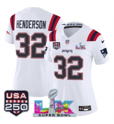 Women New England Patriots 32 TreVeyon Henderson White 2025 F U S E Super Bowl LX Patch And USA 250 27 Patch Vapor Limited Football Stitched Jersey Women New England Patriots 32 TreVeyon Henderson White 2025 F U S E Super Bowl LX Patch And USA 250 27 Patch Vapor Limited Football Stitched Jersey