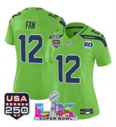 Women Seattle Seahawks 12 Fan Green 2025 F U S E  Super Bowl LX Patch And 50th Season  26 USA 250 27 Patch Vapor Limited Football Stitched Jersey 