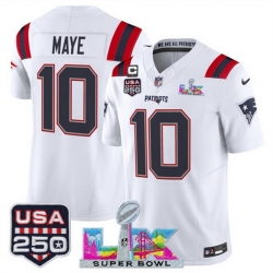 Youth New England Patriots 10 Drake Maye White 2025 F U S E  1 Star C Patch And Super Bowl LX Patch  USA 250 Patch Vapor Limited Stitched Football Jersey