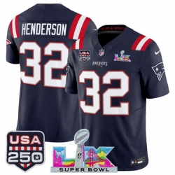 Youth New England Patriots 32 TreVeyon Henderson Navy 2025 F U S E  Super Bowl LX  USA 250 Patch Vapor Limited Stitched Football Jersey