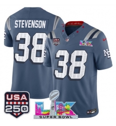 Youth New England Patriots 38 Rhamondre Stevenson Storm Blue 2025 F U S E  Super Bowl LX  USA 250 Patch  Rivalries Vapor Limited Stitched Football Jersey