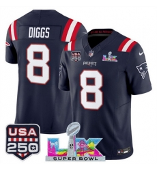 Youth New England Patriots 8 Stefon Diggs Navy 2025 F U S E  Super Bowl LX  USA 250 Patch Vapor Limited Stitched Football Jersey