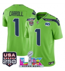Men Seattle Seahawks 1 Pete Carroll Green 2025 F U S E  Super Bowl LX Patch And 50th Season  USA 250 Patch Vapor Limited Football Stitched Jersey