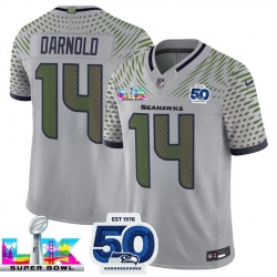Men Seattle Seahawks 14 Sam Darnold Grey 2025 F U S E  Super Bowl LX Patch And 50th Season Patch  Rivalries Vapor Limited Stitched Football Jersey