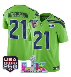 Men Seattle Seahawks 21 Devon Witherspoon Green 2025 F U S E  Super Bowl LX Patch And 50th Season  USA 250 Patch Vapor Limited Football Stitched Jersey