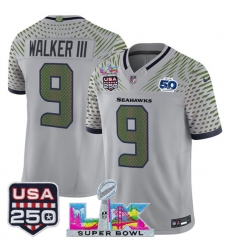 Men Seattle Seahawks 9 Kenneth Walker III Gray 2025 F U S E Super Bowl LX  US 250th anniversary Patch And 50th Season Patch Rivalries Vapor Limited Footbal