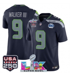 Men Seattle Seahawks 9 Kenneth Walker III Navy 2025 F U S E Super Bowl LX Patch And 50th Season USA 250 Patch Vapor Limited Football Stitched Jersey Men Seattle Seahawks 9 Kenneth Walker III Navy 2025 F U S E Super Bowl LX Patch And 50th Season USA 250 Patch Vapor Limited Football Stitched Jersey