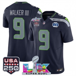 Men Seattle Seahawks 9 Kenneth Walker III Navy 2025 F U S E  Super Bowl LX Patch And 50th Season  USA 250 Patch Vapor Limited Football Stitched Jersey