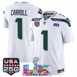 Youth Seattle Seahawks 1 Pete Carroll White 2025 F U S E  Super Bowl LX Patch And 50th Season  USA 250 Patch Vapor Limited Stitched Football Jersey