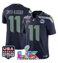 Youth Seattle Seahawks 11 Jaxon Smith Njigba Navy 2025 F U S E  Super Bowl LX Patch And 50th Season  USA 250 Patch Vapor Limited Stitched Football Jersey