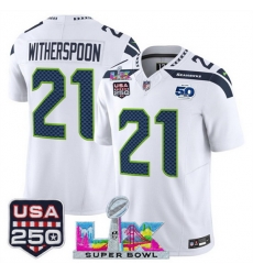 Youth Seattle Seahawks 21 Devon Witherspoon White 2025 F U S E  Super Bowl LX Patch And 50th Season  USA 250 Patch Vapor Limited Stitched Football Jersey