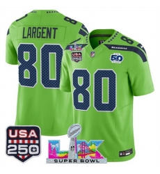 Youth Seattle Seahawks 80 Steve Largent Green 2025 F U S E  Super Bowl LX Patch And 50th Season  USA 250 Patch Vapor Limited Stitched Football Jersey